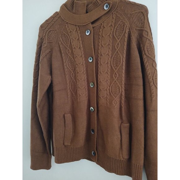 Nancy Yang Womens XL Cable Knit Cardigan Sweater Funnel Collar Cottagecore Brown - Picture 2 of 5
